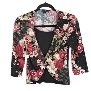 Vintage Y2K  Byer Top Medium Black Floral Oriental‎ Cropped Whimsigoth Night Out